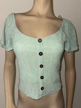 Lush Mint Ribbed Button-Front Crop Top